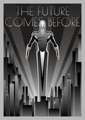 Art Deco Monochrome Flying Man Poster. 1920s Style Retro Future Illustration