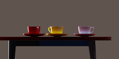 A table in a cafe. White and yellow cups and saucers are on the table. Tea drinking.