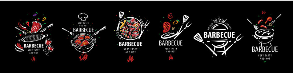 A set of drawn vector barbecue illustrations isolated on a black background