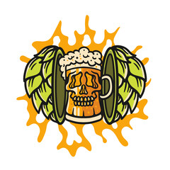 illustration of a split hop flower with a skull-shaped beer mug in the middle