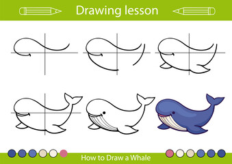 Drawing lesson. How to draw a whale? Tutorial step by step for children. Kids drawing worksheet and activity page. Children vector illustration.