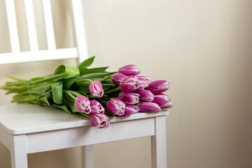 Purple tulips lie on a white chair, in a room, near a light wall.