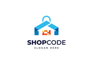 Shop code bag house tech direction vector logo design, Creative technology store market product logo design