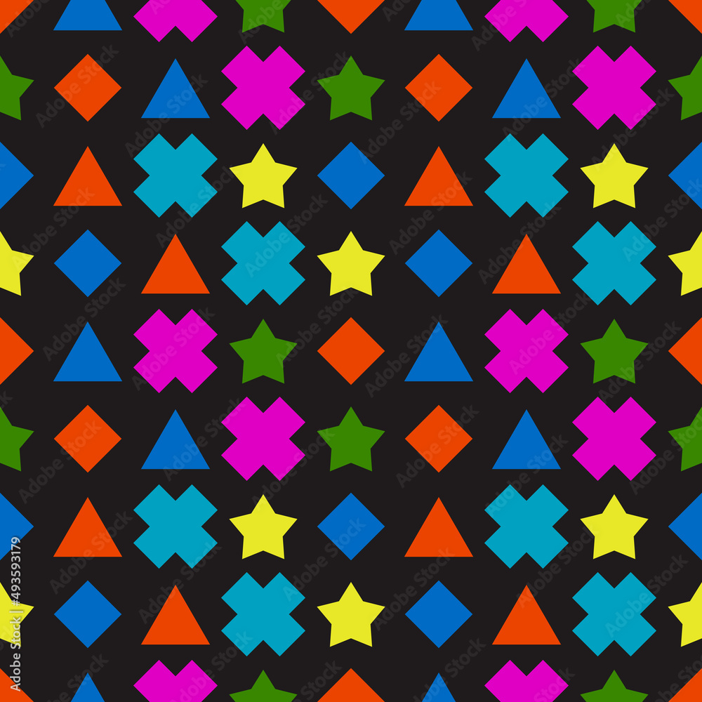 Poster colored shapes on a black background. vector with crosses, stars and triangles.