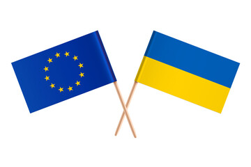 The crossed flags of Ukraine and the European Union are isolated on a transparent background. Support for Ukraine. Vector illustration