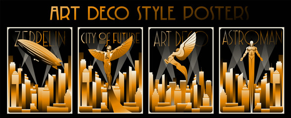 Art Deco Style Golden Posters Set. 1920s Retro Future Illustration