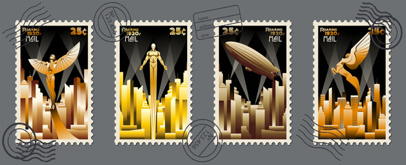Art Deco Style Golden Postage Stamp Set. 1920s Retro Future Illustration © koyash07