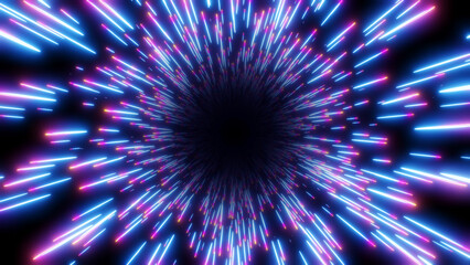 Obraz premium Abstract background neon glow purple blue colors, cosmic speed concept, dynamic hyperspace tunel 3D science fiction illustration render.