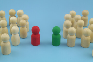 Group of people figures around their leaders on blue background.