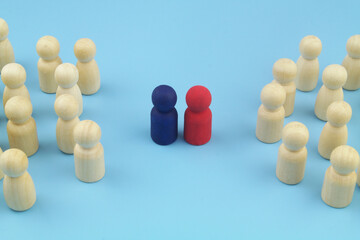 Coordination, negotiation and discussion concept. Groups of people figures with red and blue leaders.