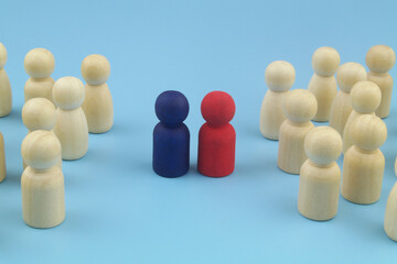 Coordination and discussion concept. Group of people figures around their leaders on blue background.