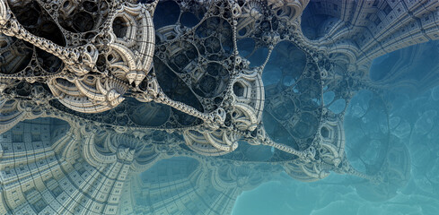 Abstract background 3D, fantastic ancient civilization architecture, gold blue render technology illustration.
