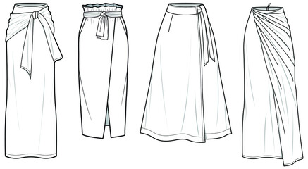 Women Wrap Long skirt, Sarong Long Skirt, Wrap Around Maxi Set of Skirt, Paper Bag Waist Wrap Skirt Fashion Illustration, Vector, CAD, Technical Drawing, Flat Drawing.