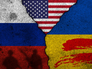 USA sanctions against Russia. Bloody crime against civilians in Ukraine concept background with flags image