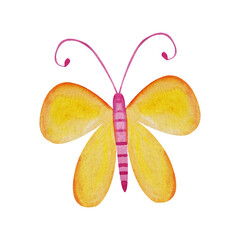 Colorful yellow butterfly. Watercolor drawing of a butterfly on a white background. Used in postcards, boxes, wallpapers, textiles, stickers