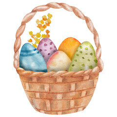Watercolor illustration with wicker basket, Easter eggs and mimosa sprig. Easter basket with eggs on a white background. For decor, print, wallpaper, fabrics, scrapbooking, wrapping paper