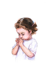 Watercolor drawing praying cute girl