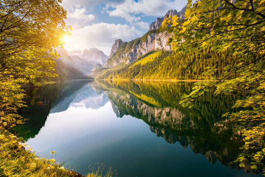 Splendid scene of alpine lake Vorderer Gosausee. Gosau Valley in Upper Austria.