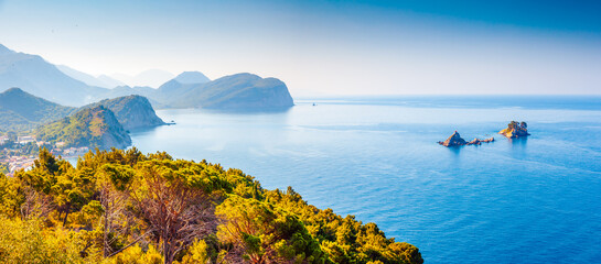 Picturesque summer view of the seascape Adriatic Sea on a sunny day. Montenegro, Balkans.