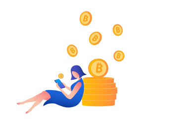 Cryptocurrency and blockchain concept, man buy and sell bitcoins on smartphone, financial and investment in digital asset,   vector illustration