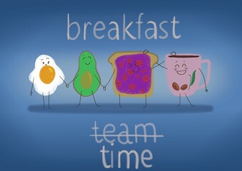 Illustration of funny eatable characters holding hands. Stylized breakfast food - scrambled egg, avocado, tosh with jam and a cup of coffee. Breakfast time.