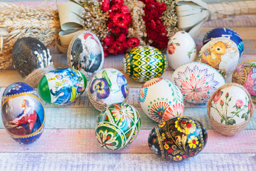 Easter. Colorful Easter eggs and Easter palm 