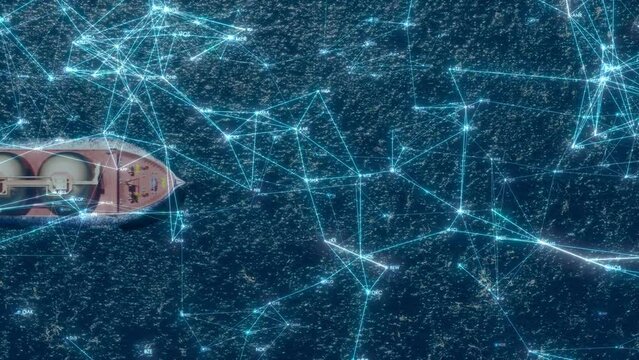 海洋を進むLNG（液化天然ガス）タンカーと浮遊するホログラムノード / エネルギー産業と海運ネットワークのコンセプトイメージ / ドローン空撮アングル / 3Dモーショングラフィックス