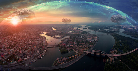 Close up the sky over Ukraine. Large panorama of Kyiv with protective shield 