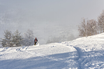 Naklejka na ściany i meble Woman with brown hair, wearing black ski wear and helmet skiing down the top of a mountain, rear view, beautiful snow landscape with trees, valley in the distance, fog, horizontal