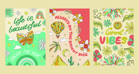 Fototapeta na wymiar A large set of A4 hippie banners in retro 70s style, vector elements. Cartoon funny mushrooms, flowers, a rainbow, a set of vector elements in vintage style, an inscription. For banners, fabric, print