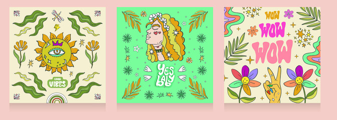 A large set of A4 hippie banners in retro 70s style, vector elements. Cartoon funny mushrooms, flowers, a rainbow, a set of vector elements in vintage style, an inscription. For banners, fabric, print
