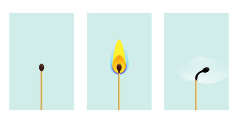 set of three match posters. Whole, burning and extinguished matches on a gray background