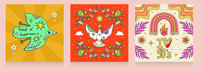 A large set of A4 hippie banners in retro 70s style, vector elements. Cartoon funny mushrooms, flowers, a rainbow, a set of vector elements in vintage style, an inscription. For banners, fabric, print