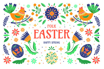 Easter folk greeting card. Vector illustration of pink spring flowers and birds with a calligraphic inscription inside. Isolated on a white background.eps, Easter folk greeting card. Vector illustrati