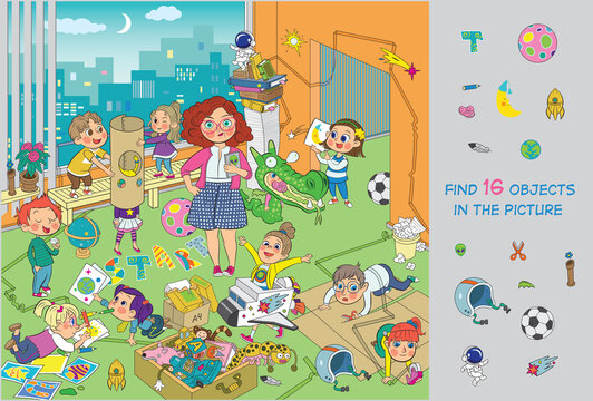 Children's games as astronauts. Children design, invent, draw, play, dream about flying into space. Vector illustration. Find 16 objects in the picture. Funny cartoon characters. 