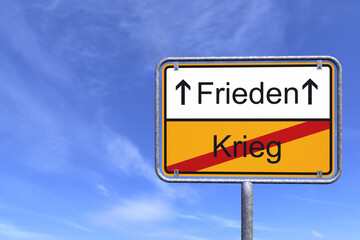 3d Illustation - Ortsschild - Ortstafel - Krieg - Frieden - Himmel - Wolken