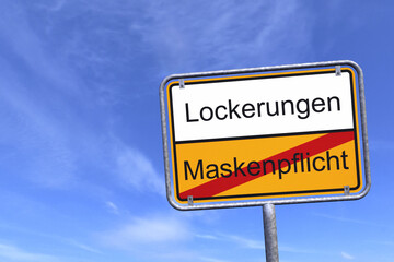3d Illustation - Ortsschild - Ortstafel - Maskenpflicht - Lockerungen - Himmel - Wolken