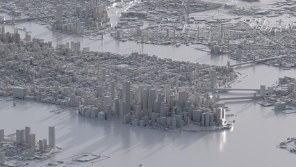 New York as a white 3D model. Aerial view with Manhattan in focus.