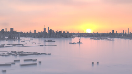 New York as a white 3D model. Wide-angle shot over the Statue of Liberty towards the Manhattan skyline in low sunlight.