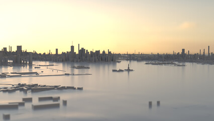 Naklejka premium New York as a white 3D model. Wide-angle shot over the Statue of Liberty towards the Manhattan skyline at dusk.