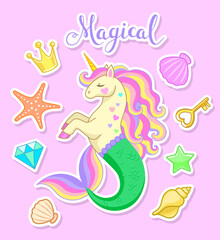 Fototapeta premium Mermaid unicorn with colorful mane, seashells, crown, key and diamond. Set of vector illustrations for stickers
