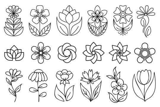 Outline floral icons. Set of outline flower icons with black thin line isolated on white background. Line art flowers illustration, simple geometric symbols, abstract petal signs.