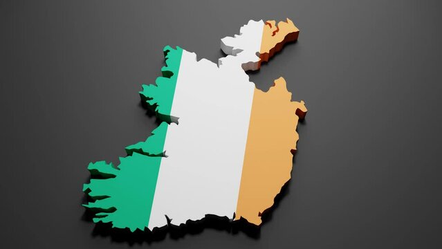 3d rendering of an Ireland map in Irish flag colors on black background. 4K Video motion graphic animation.