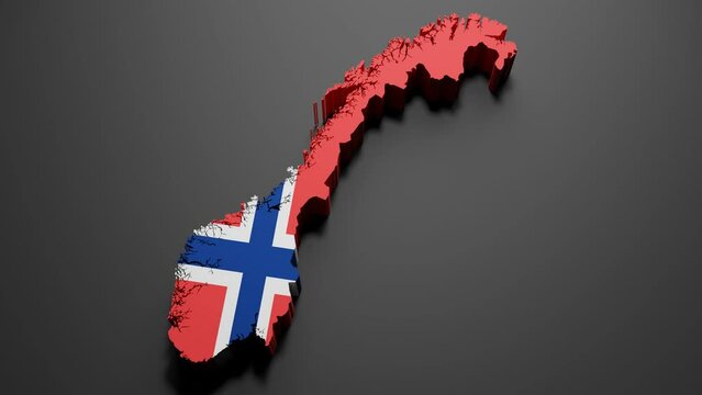 3d rendering of a Norway map in Norwegian flag colors on black background. 4K Video motion graphic animation.