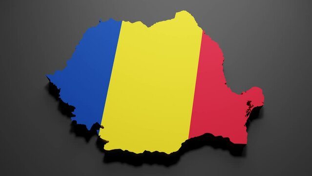 3d rendering of a Romania map in Romanian flag colors on black background. 4K Video motion graphic animation.