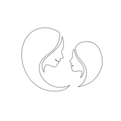 Mommy little kid line drawing. Abstract family continuous line art. Mom hugging her daughter.