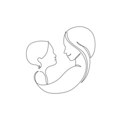 Mommy little kid line drawing. Abstract family continuous line art. Young mom hugging her son