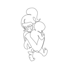 Abstract family continuous line art. Young mom hugging her little baby