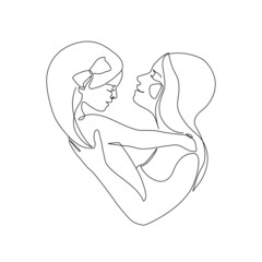 Mommy little kid line drawing. Abstract family continuous line art. Mom hugging her daughter.