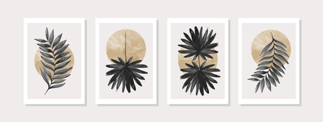 Fototapeta na wymiar Modern illustration: tropical palm leaf, geometry elements for minimal print, poster, boho wall decor, flat design